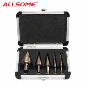 ALLSOME 5pcs Metric/Inch Hss Cobalt Step Drill Bit Set Multiple Hole 50 Sizes with Aluminum Case