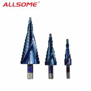 ALLSOME 3PCS 4-12/20/32mm HSS Spiral Grooved Center Solid Carbide Drill Bit P6M5 Super Blue Nano Coating Step Cone Drill Bit