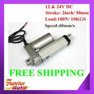 Free Shipping 40mm/s High Speed 2inch/ 50mm Stroke, 12Volt or 24Volt Max 100N Load Capacity of Linear Actuator