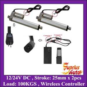 2 Linear Actuators 25mm Stroke 100KGS Max Load 12/24v dc Linear Actuator Includes: Mounting brackets + Wireless Controller