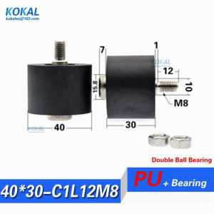 5PCS low noise outer diameter 40mm polyurethane M8 Screw stainless steel TPU PU soft double ball bearing roller wheel M8*40*30mm