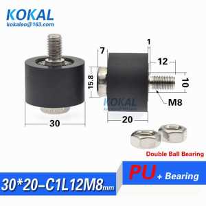 1PCS low noise M8 Screw shaft pulley Refrigerator drawer stainless steel polyurethane TPU PU soft double roller wheel M8*30*20mm
