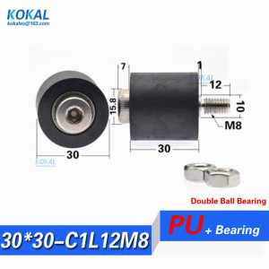 5PCS low noise outer diameter 30mm polyurethane M8 Screw stainless steel TPU PU soft double ball bearing roller wheel M8*30*30mm