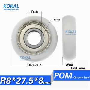 10PCS Free Shipping 8*27.5*8 round type 608zz ball bearing POM roller wheel PIPELINING POM Bearing pulley