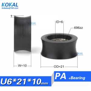 [U0621-10K]Free Shipping large hole u groove wheel 6*21*10 696ZZ PA66 Nylon ball bearing wheel inner 6mm hole pulley