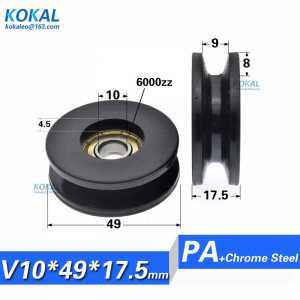 [V1049-17.5]10PCS/LOT V grooved PA66 PA black nylon wheel roller 6000RS 6000 ball bearing Pulley with U/V Grooved 10*49*17.5mm