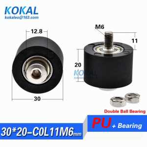 5PCS low noise Screw shaft pulley Synchronous belt machine M6 Screw stainless steel TPU PU soft double roller wheel M6*30*20mm