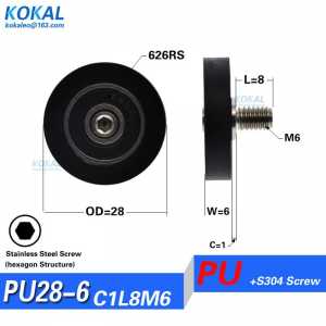 [PU28*6-C1L8M6]10PCS/lot PU coated with 626rs ball bearing S304 stainless screw M6 bearing wheel shaft roller screw 28mm M6