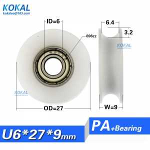 [U0627-9] Free shipping 10PCS 696zz POM bearing groove wheel 6*27*9 pulley  U groove bearing wheel