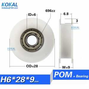 [H0628-9]Free Shipping 696zz bearing coated POM H type BELT PULLEY U H groove wheel for belt 6*28*9